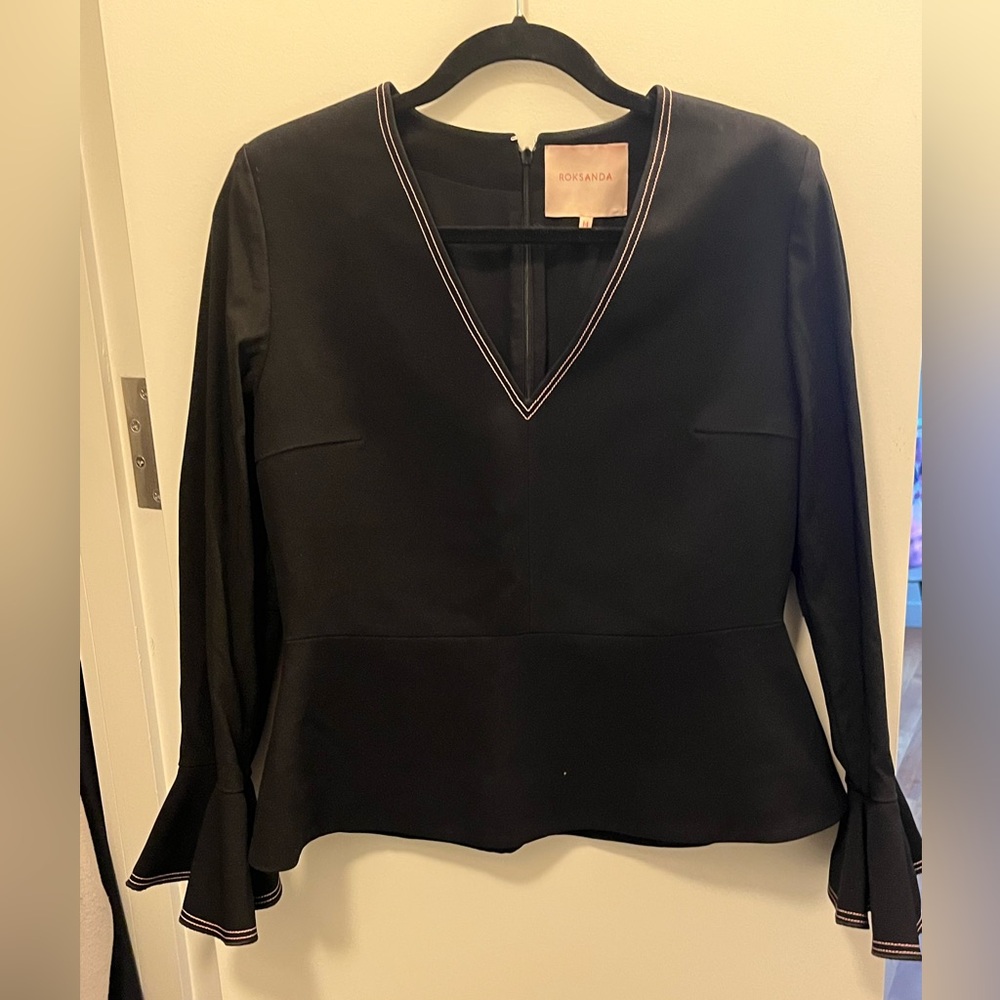NEW ROKSANDA Black Pink Topstitching PRILA Bell Fluted Sleeve Top